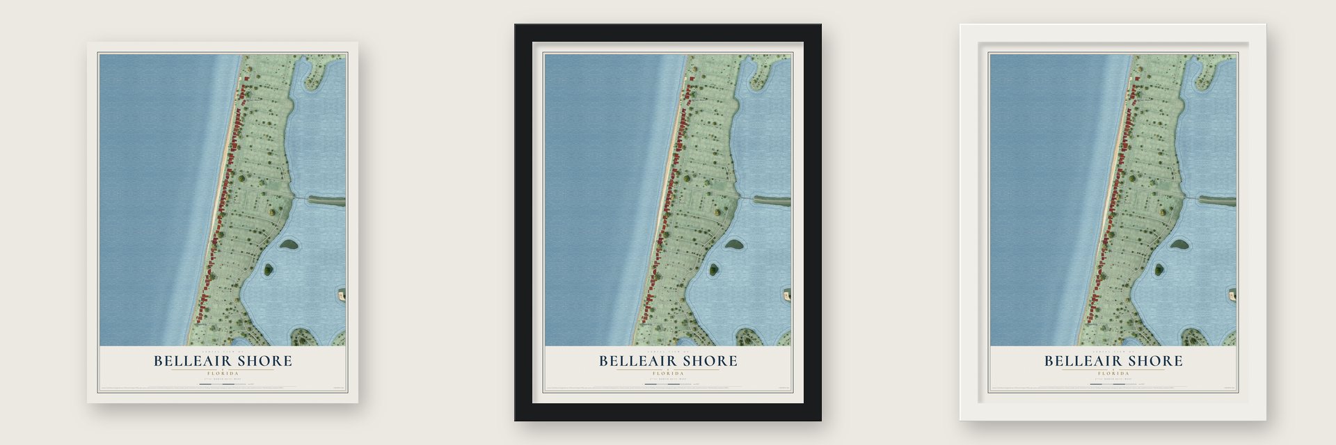 Belleair Shore, Florida map unframed, in a black wood frame and in a white wood frame