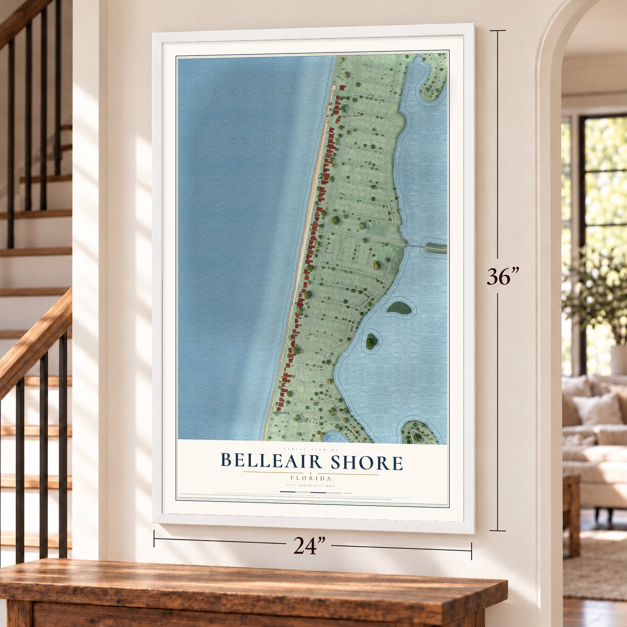 Belleair Shore, Florida map, 24 x 36 inch print in a white frame by a staircase