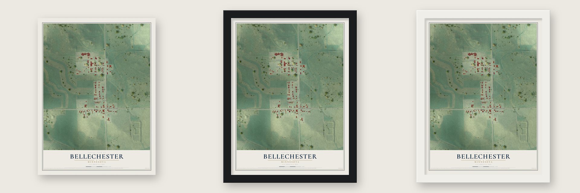 Bellechester, Minnesota map unframed, in a black wood frame and in a white wood frame
