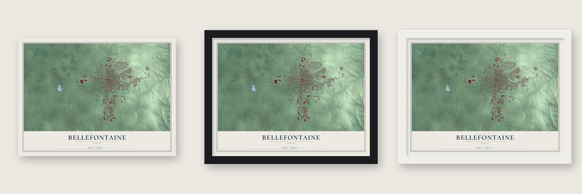 Bellefontaine, Ohio map unframed, in a black wood frame and in a white wood frame