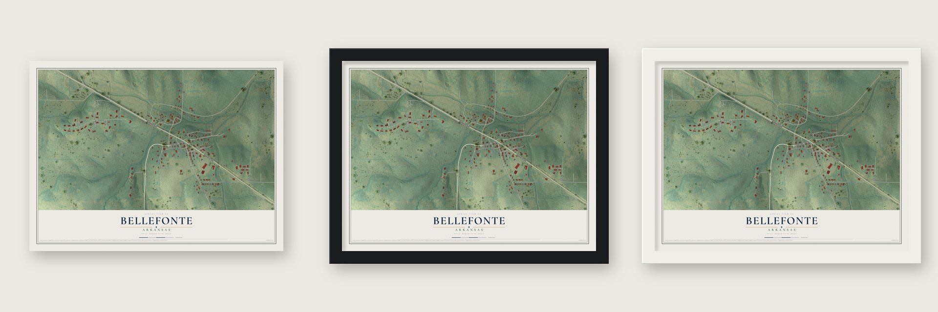 Bellefonte, Arkansas map unframed, in a black wood frame and in a white wood frame