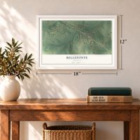 Bellefonte, Arkansas map, 12 x 18 inch print in a white frame in an entryway