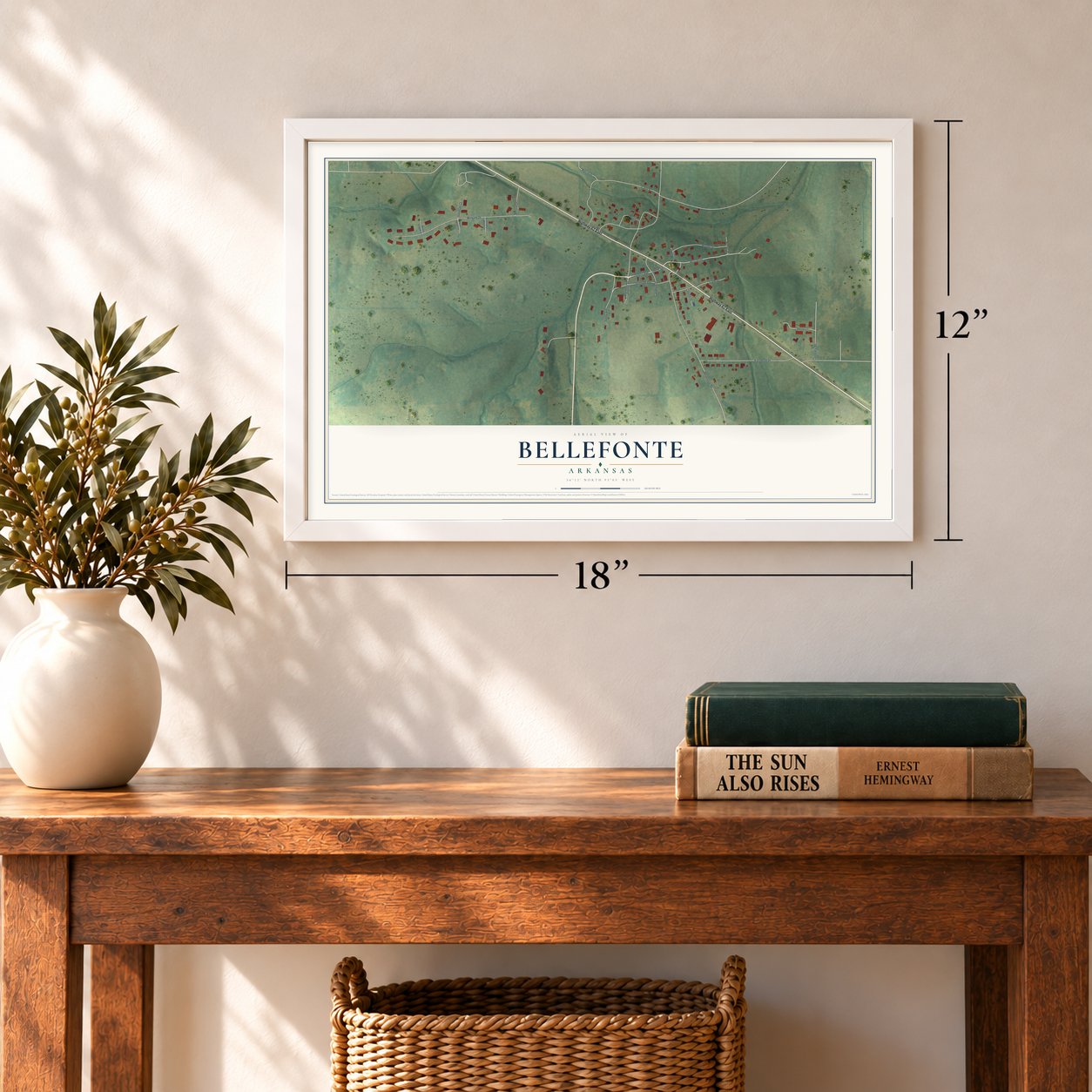 Bellefonte, Arkansas map, 12 x 18 inch print in a white frame in an entryway