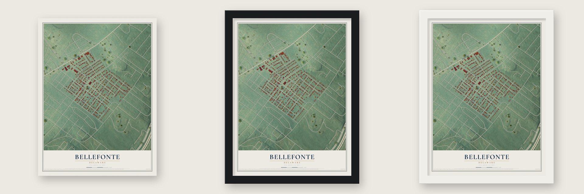 Bellefonte, Delaware map unframed, in a black wood frame and in a white wood frame