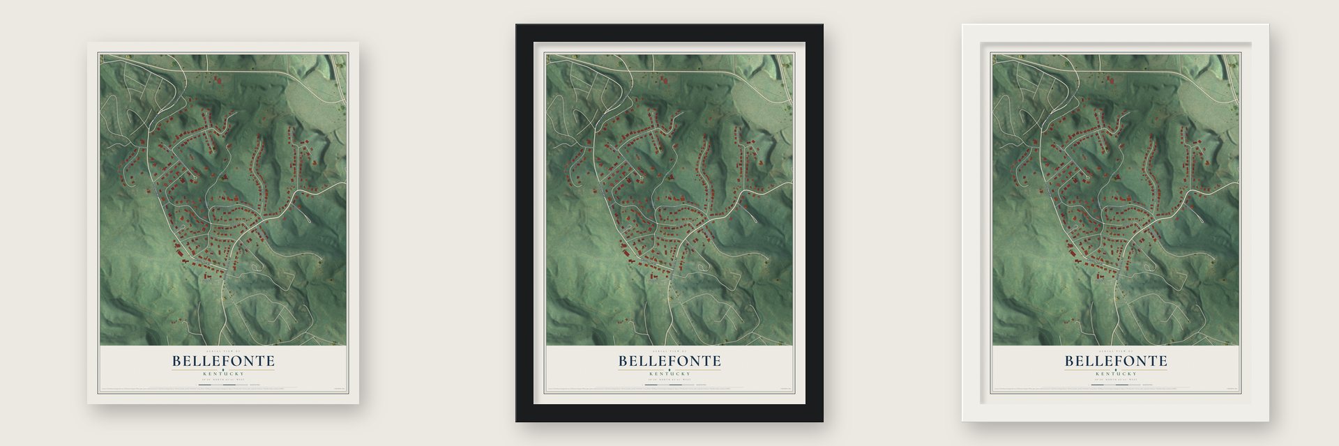 Bellefonte, Kentucky map unframed, in a black wood frame and in a white wood frame