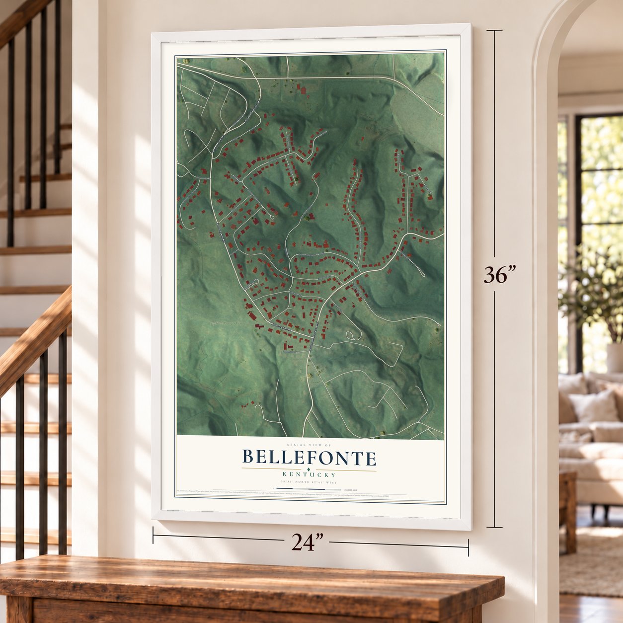 Bellefonte, Kentucky map, 24 x 36 inch print in a white frame by a staircase