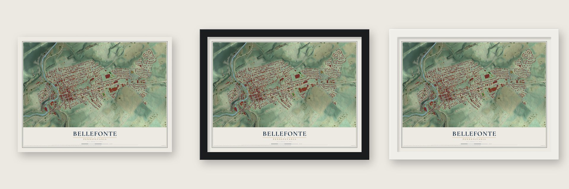 Bellefonte, Pennsylvania map unframed, in a black wood frame and in a white wood frame