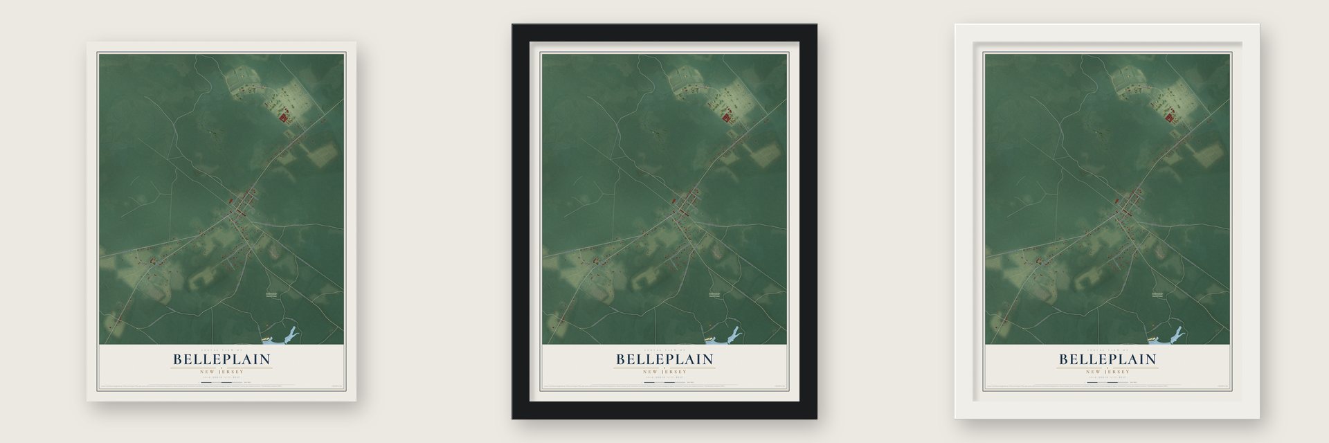 Belleplain, New Jersey map unframed, in a black wood frame and in a white wood frame