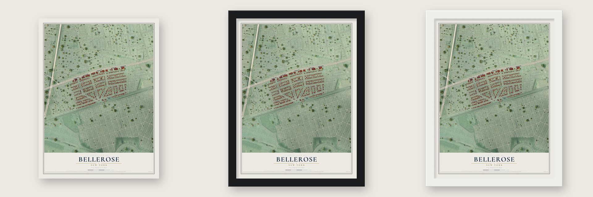 Bellerose, New York map unframed, in a black wood frame and in a white wood frame