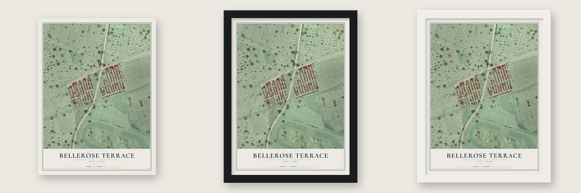 Bellerose Terrace, New York map unframed, in a black wood frame and in a white wood frame