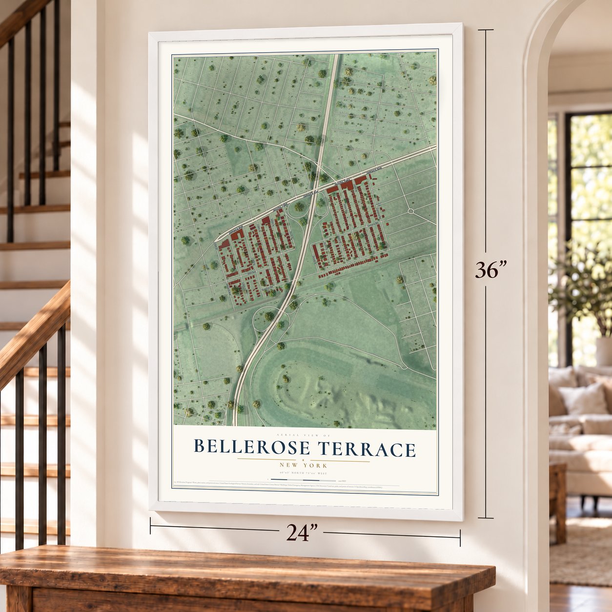 Bellerose Terrace, New York map, 24 x 36 inch print in a white frame by a staircase