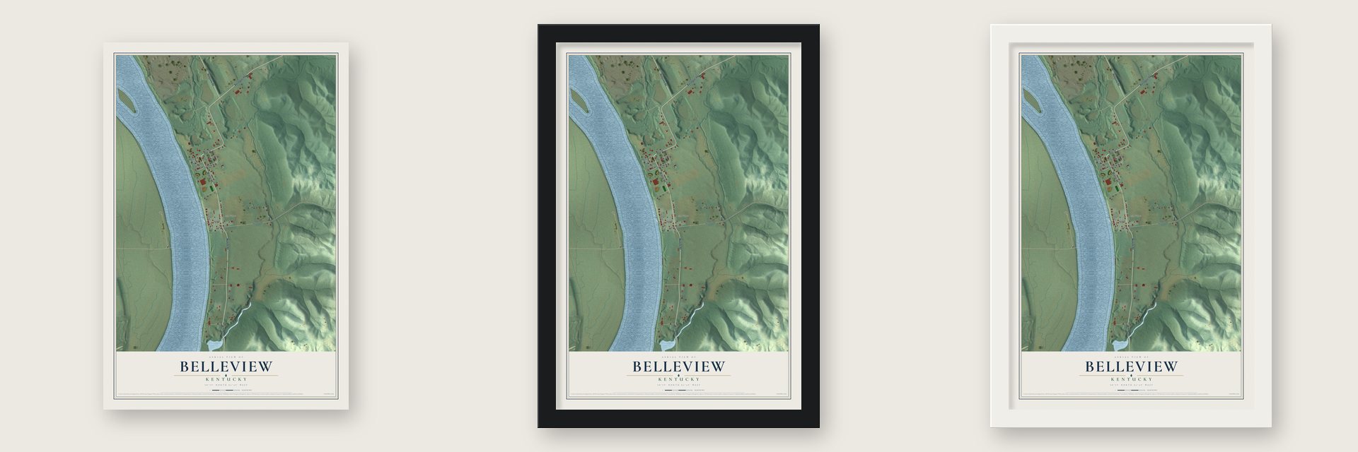Belleview, Kentucky map unframed, in a black wood frame and in a white wood frame