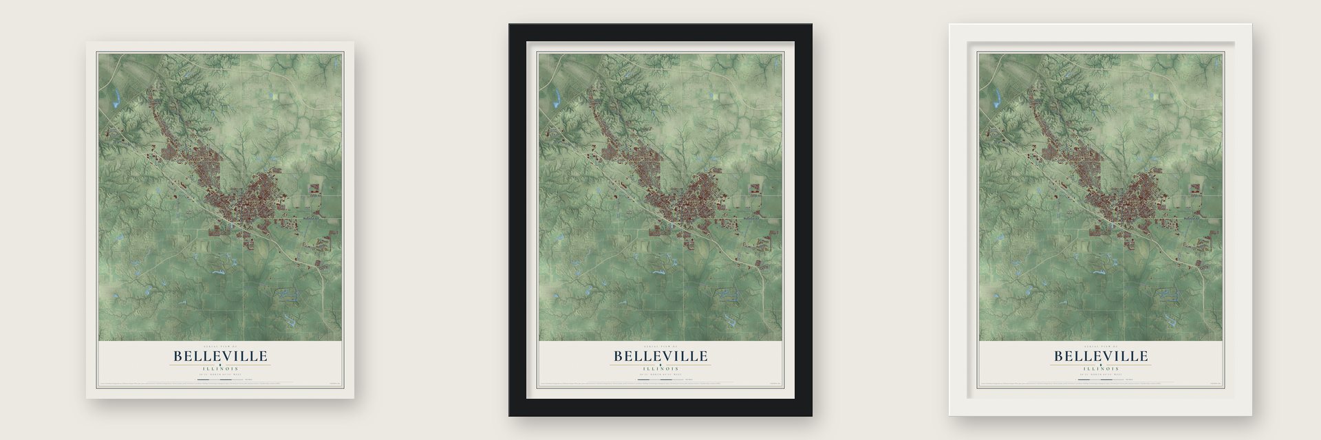 Belleville, Illinois map unframed, in a black wood frame and in a white wood frame