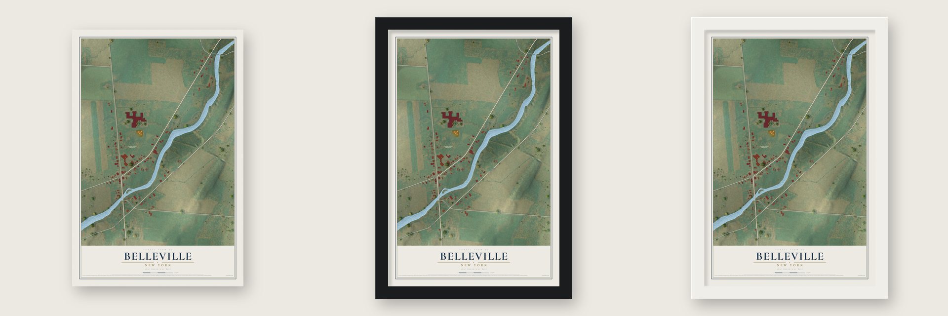 Belleville, New York map unframed, in a black wood frame and in a white wood frame