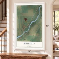 Belleville, New York map, 24 x 36 inch print in a white frame by a staircase