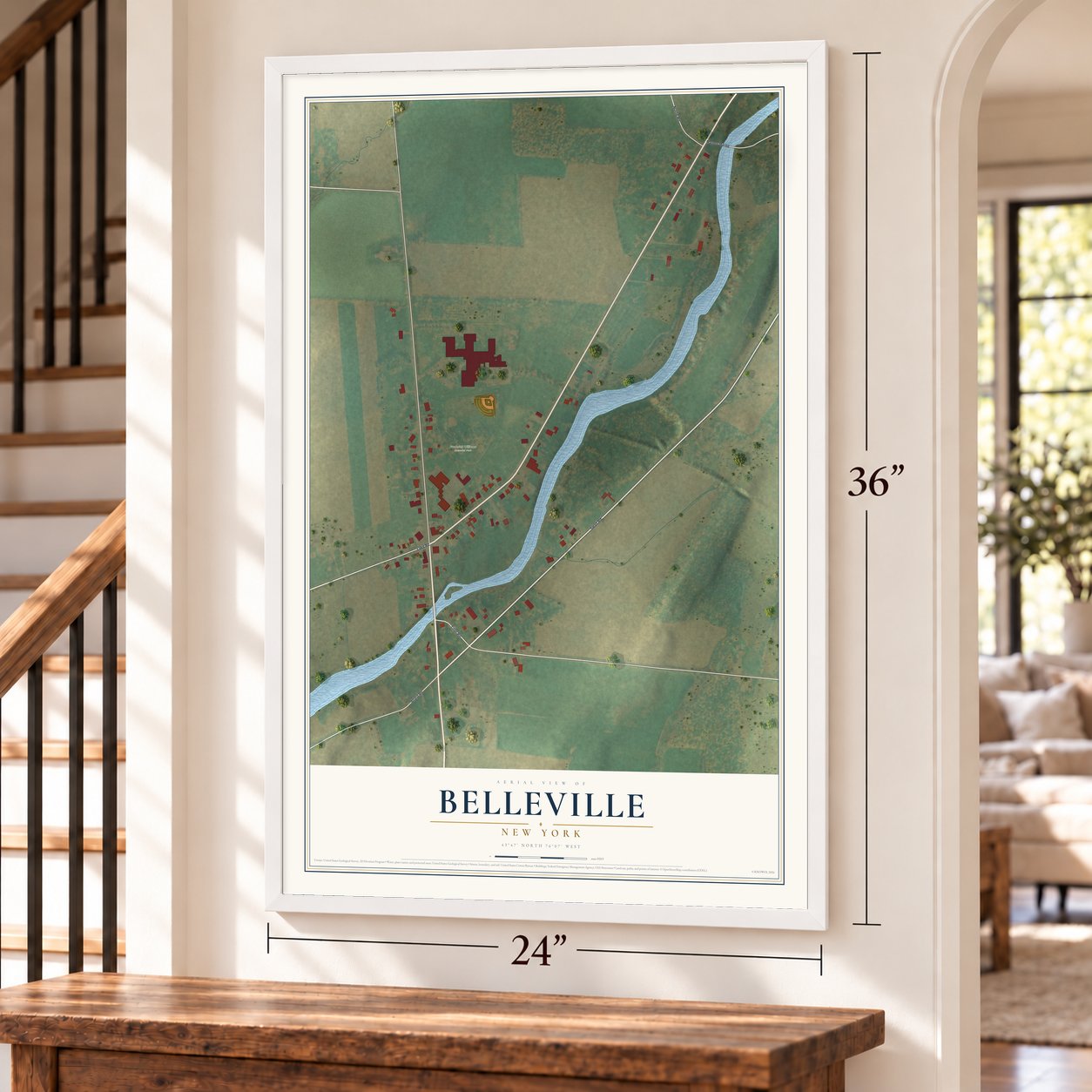 Belleville, New York map, 24 x 36 inch print in a white frame by a staircase