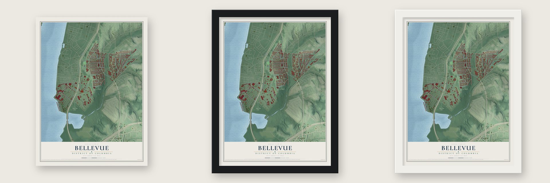 Bellevue, District of Columbia map unframed, in a black wood frame and in a white wood frame