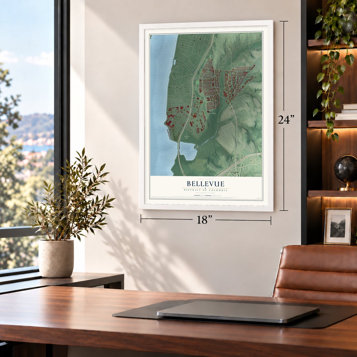 Bellevue, District of Columbia map, 18 x 24 inch print in a white frame in a home office