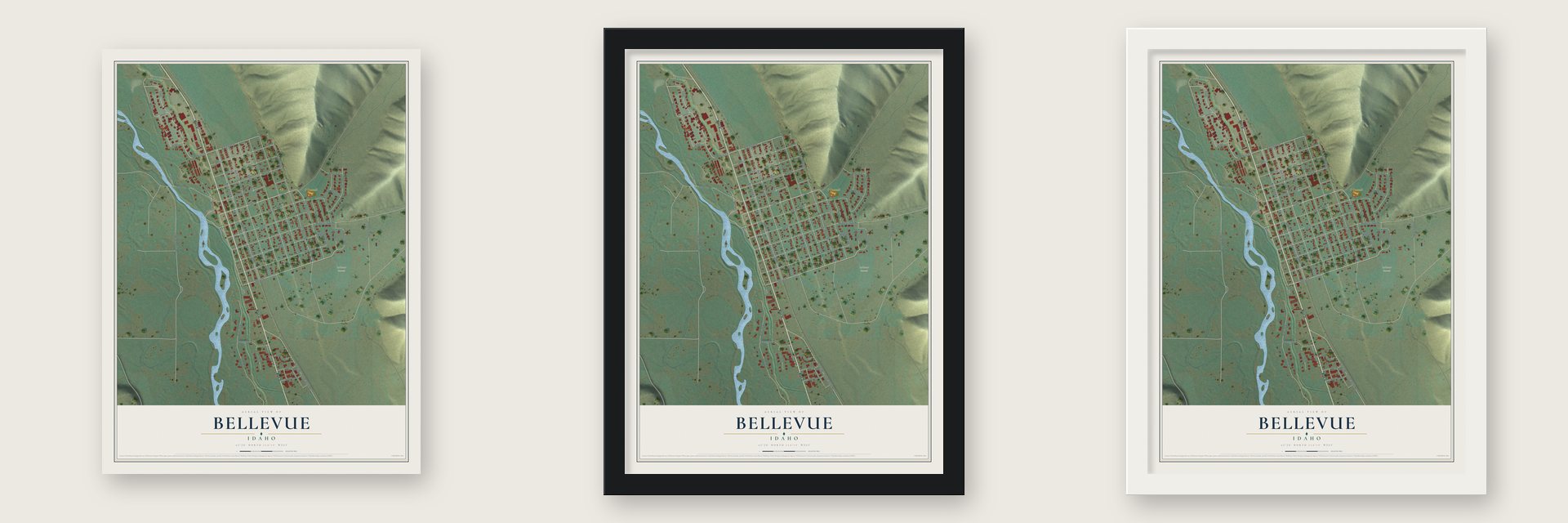 Bellevue, Idaho map unframed, in a black wood frame and in a white wood frame