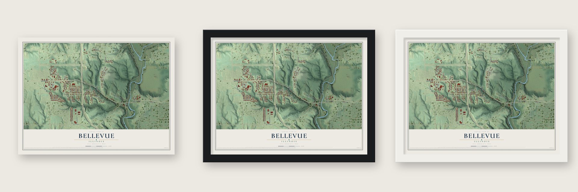 Bellevue, Illinois map unframed, in a black wood frame and in a white wood frame