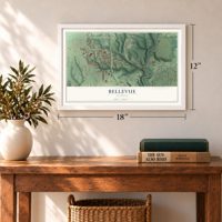 Bellevue, Illinois map, 12 x 18 inch print in a white frame in an entryway