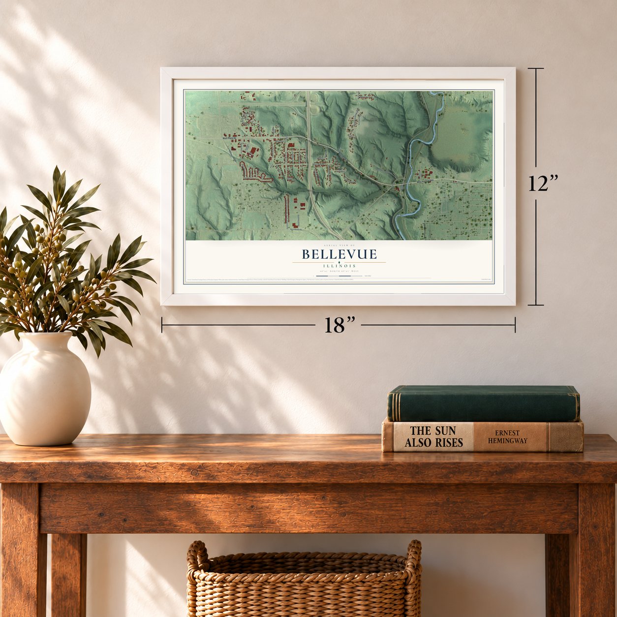 Bellevue, Illinois map, 12 x 18 inch print in a white frame in an entryway