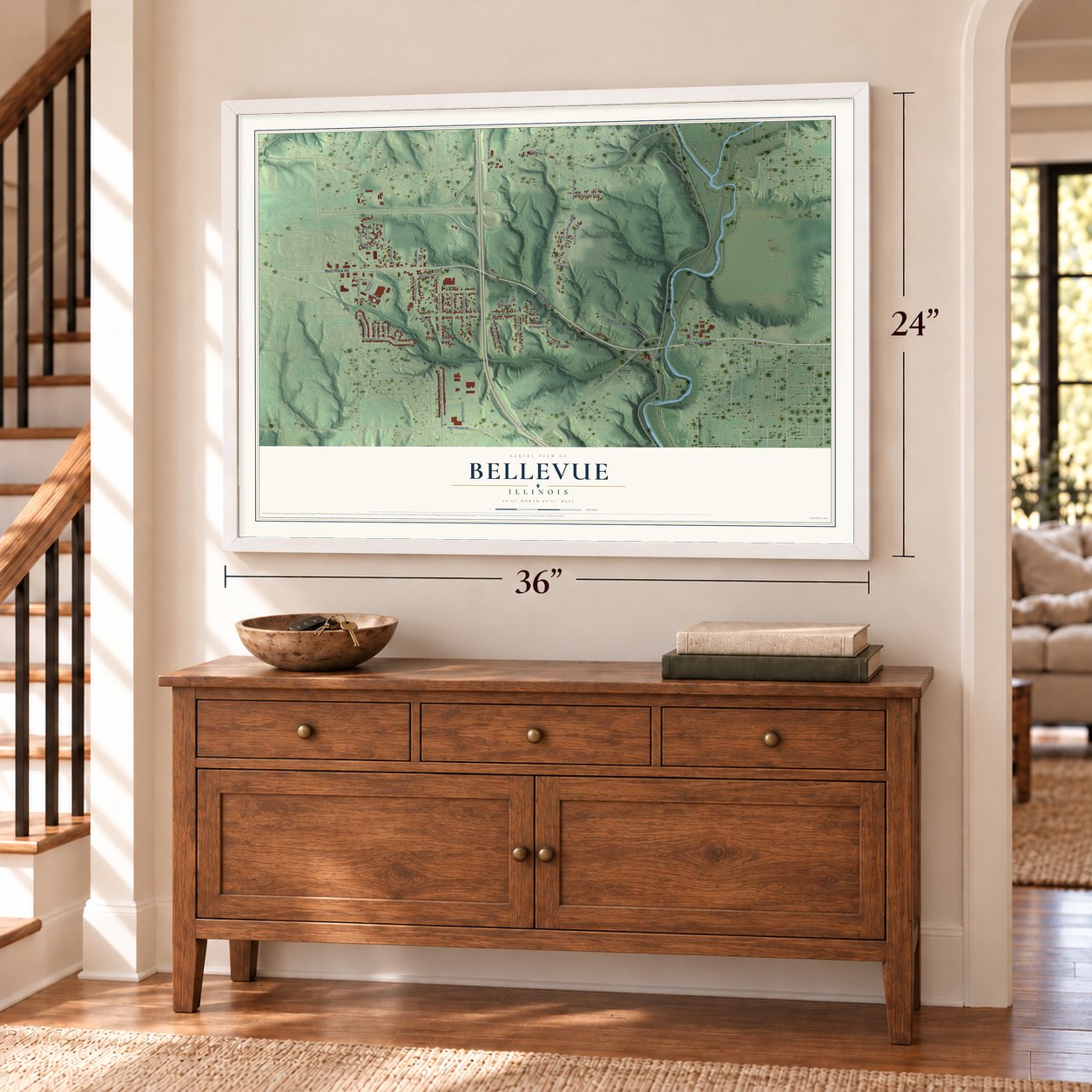 Bellevue, Illinois map, 24 x 36 inch print in a white frame above a dresser by a staircase
