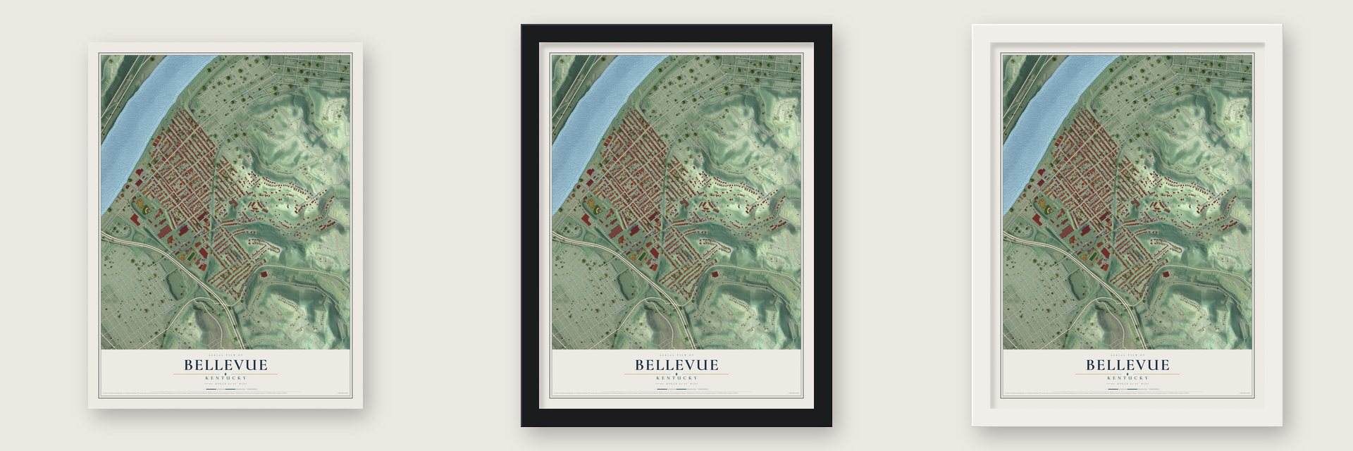 Bellevue, Kentucky map unframed, in a black wood frame and in a white wood frame