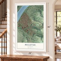 Bellevue, Kentucky map, 24 x 36 inch print in a white frame by a staircase
