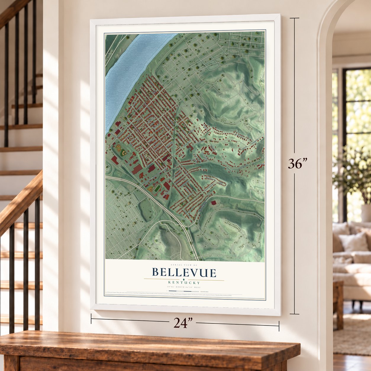 Bellevue, Kentucky map, 24 x 36 inch print in a white frame by a staircase