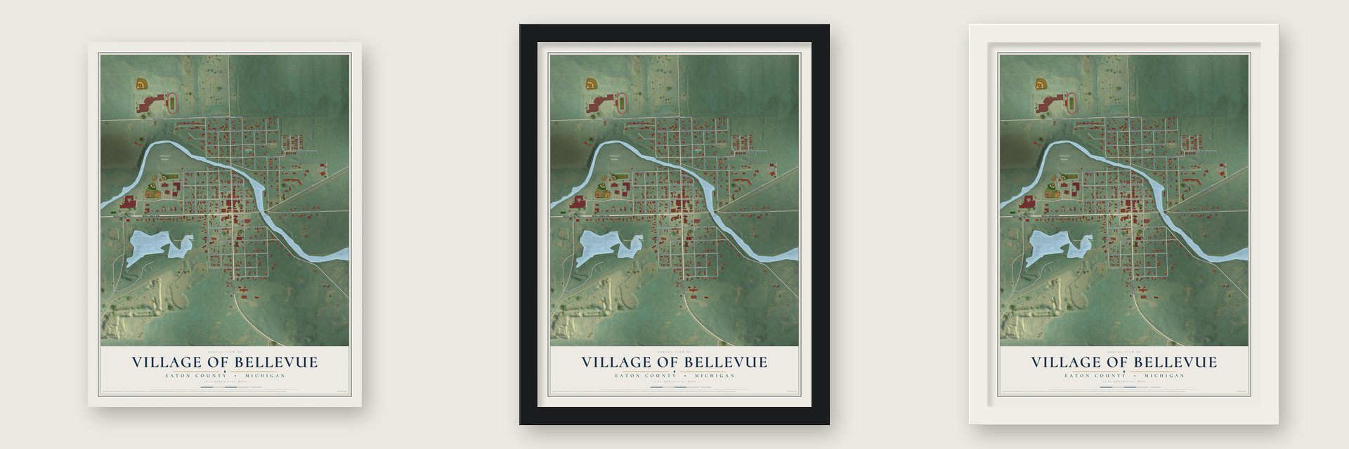 Bellevue, Michigan map unframed, in a black wood frame and in a white wood frame