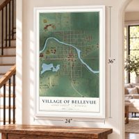 Bellevue, Michigan map, 24 x 36 inch print in a white frame by a staircase