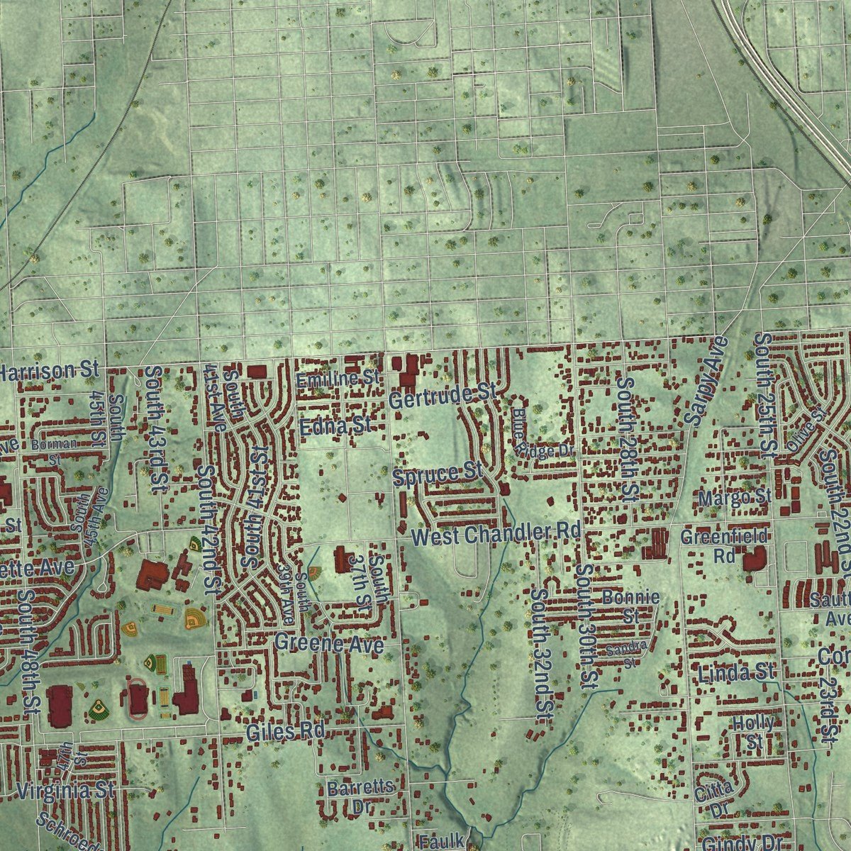 Second close-up of the map of Bellevue, Nebraska print showing more streets and buildings