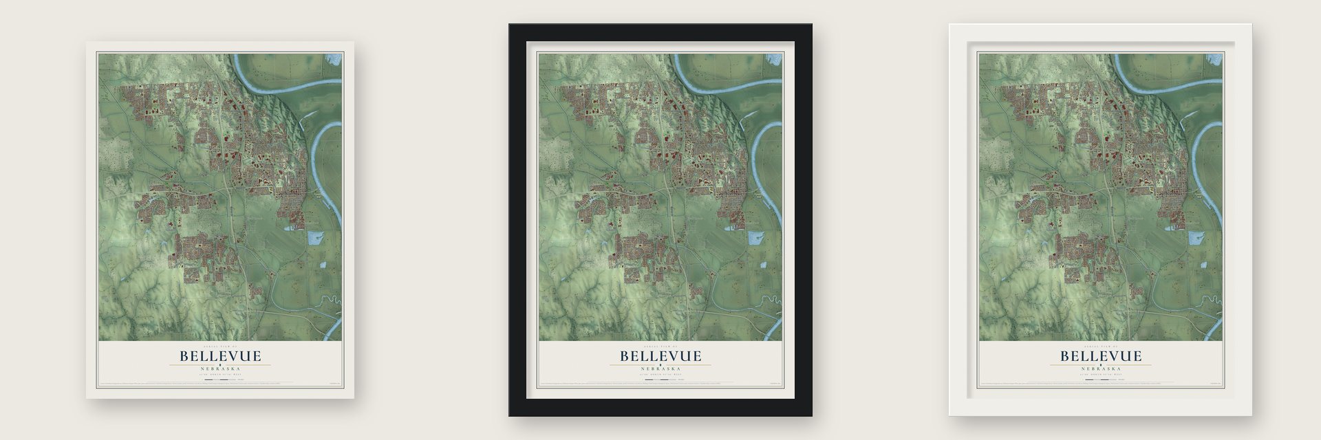 Bellevue, Nebraska map unframed, in a black wood frame and in a white wood frame