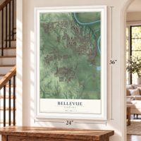 Bellevue, Nebraska map, 24 x 36 inch print in a white frame by a staircase