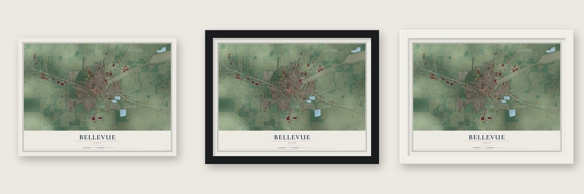 Bellevue, Ohio map unframed, in a black wood frame and in a white wood frame