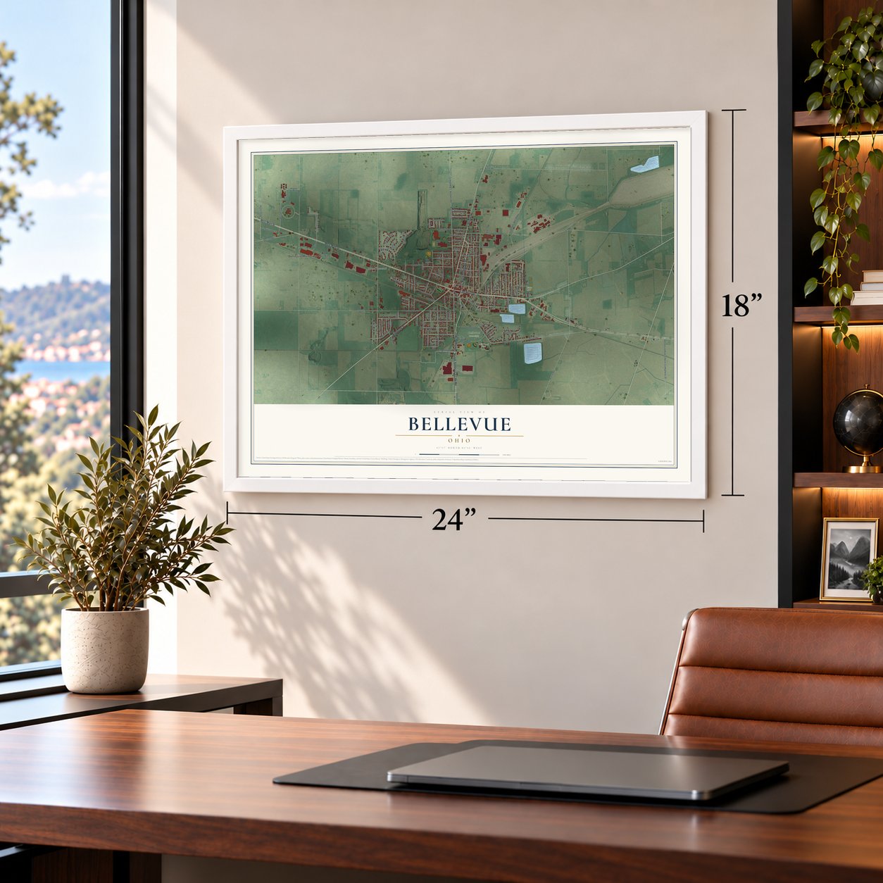 Bellevue, Ohio map, 18 x 24 inch print in a white frame in a home office