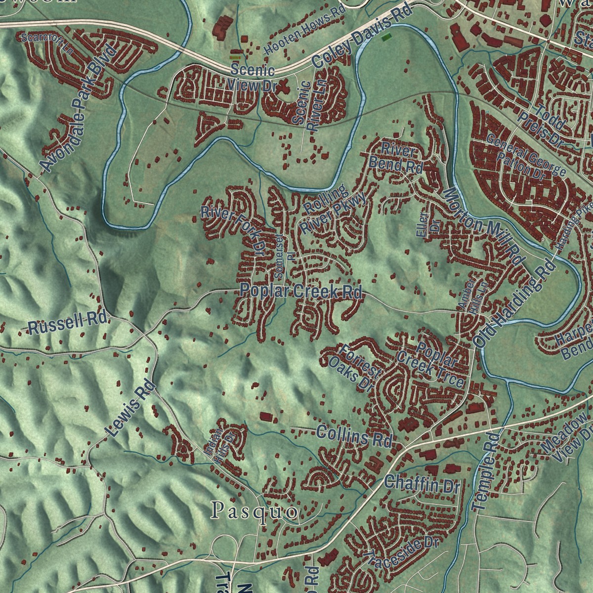 Second close-up of the map of Bellevue, Tennessee print showing more streets and buildings