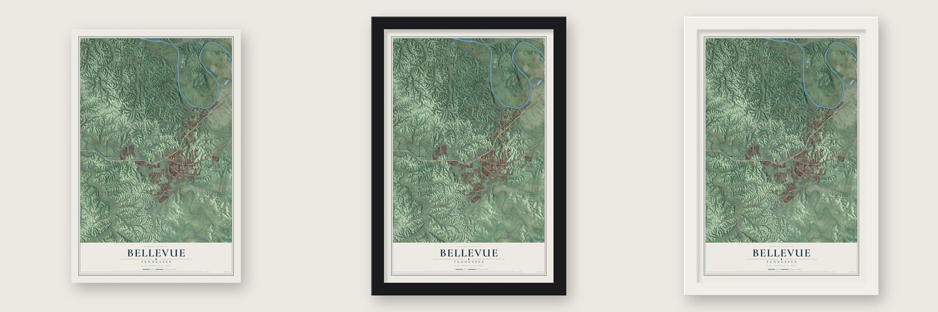 Bellevue, Tennessee map unframed, in a black wood frame and in a white wood frame