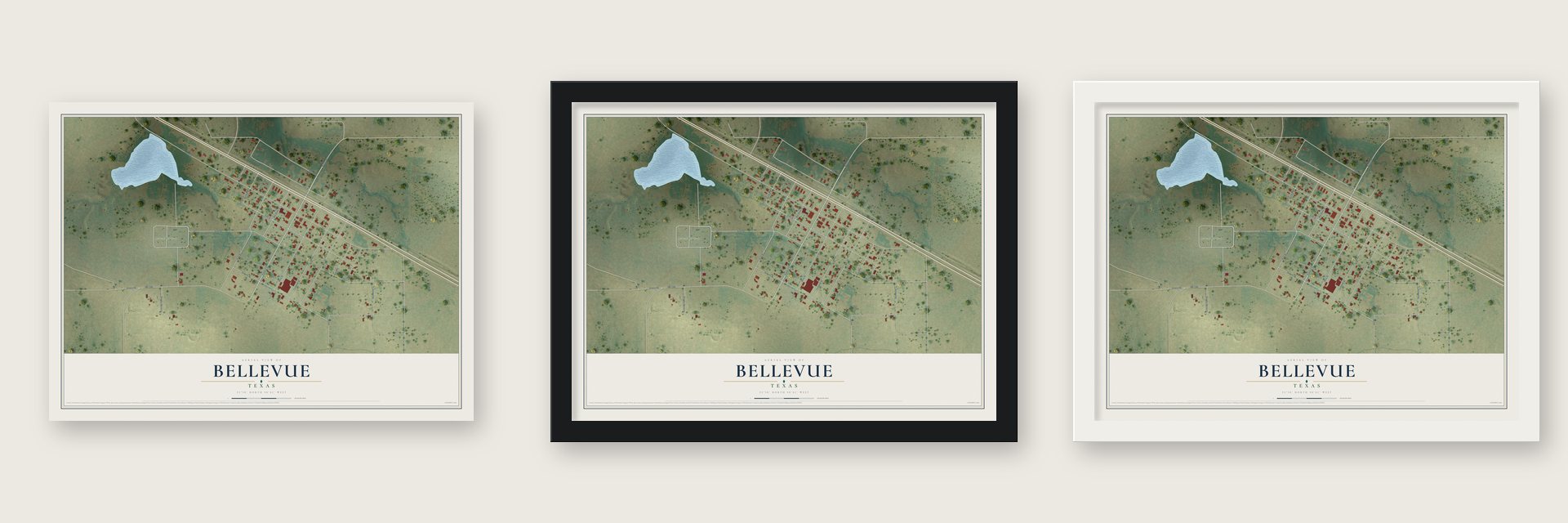 Bellevue, Texas map unframed, in a black wood frame and in a white wood frame