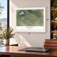 Bellevue, Texas map, 18 x 24 inch print in a white frame in a home office