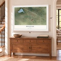Bellevue, Texas map, 24 x 36 inch print in a white frame above a dresser by a staircase
