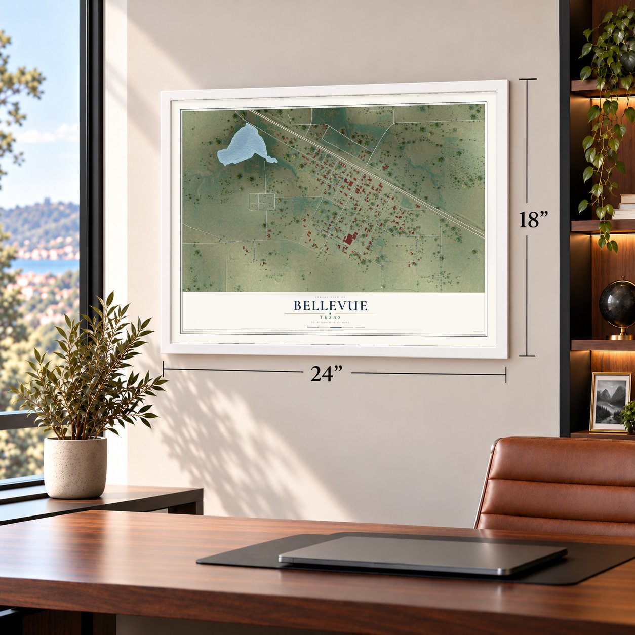 Bellevue, Texas map, 18 x 24 inch print in a white frame in a home office