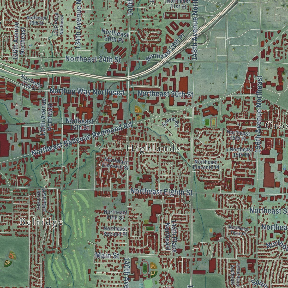 Second close-up of the map of Bellevue, Washington print showing more streets and buildings