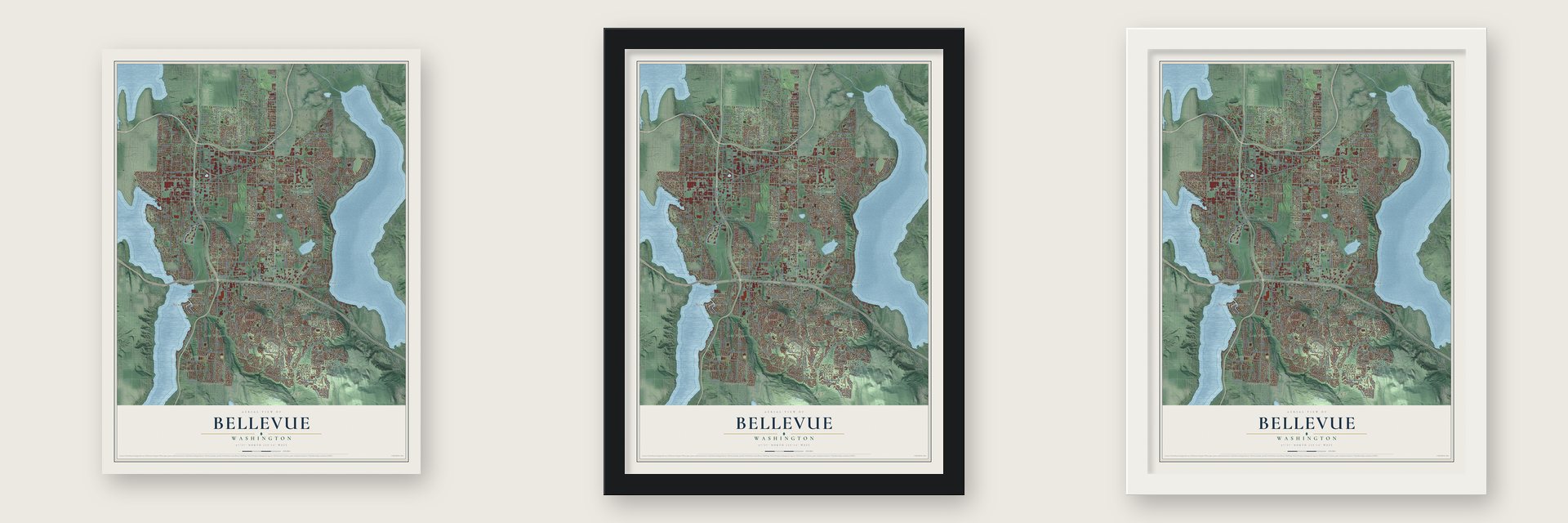 Bellevue, Washington map unframed, in a black wood frame and in a white wood frame