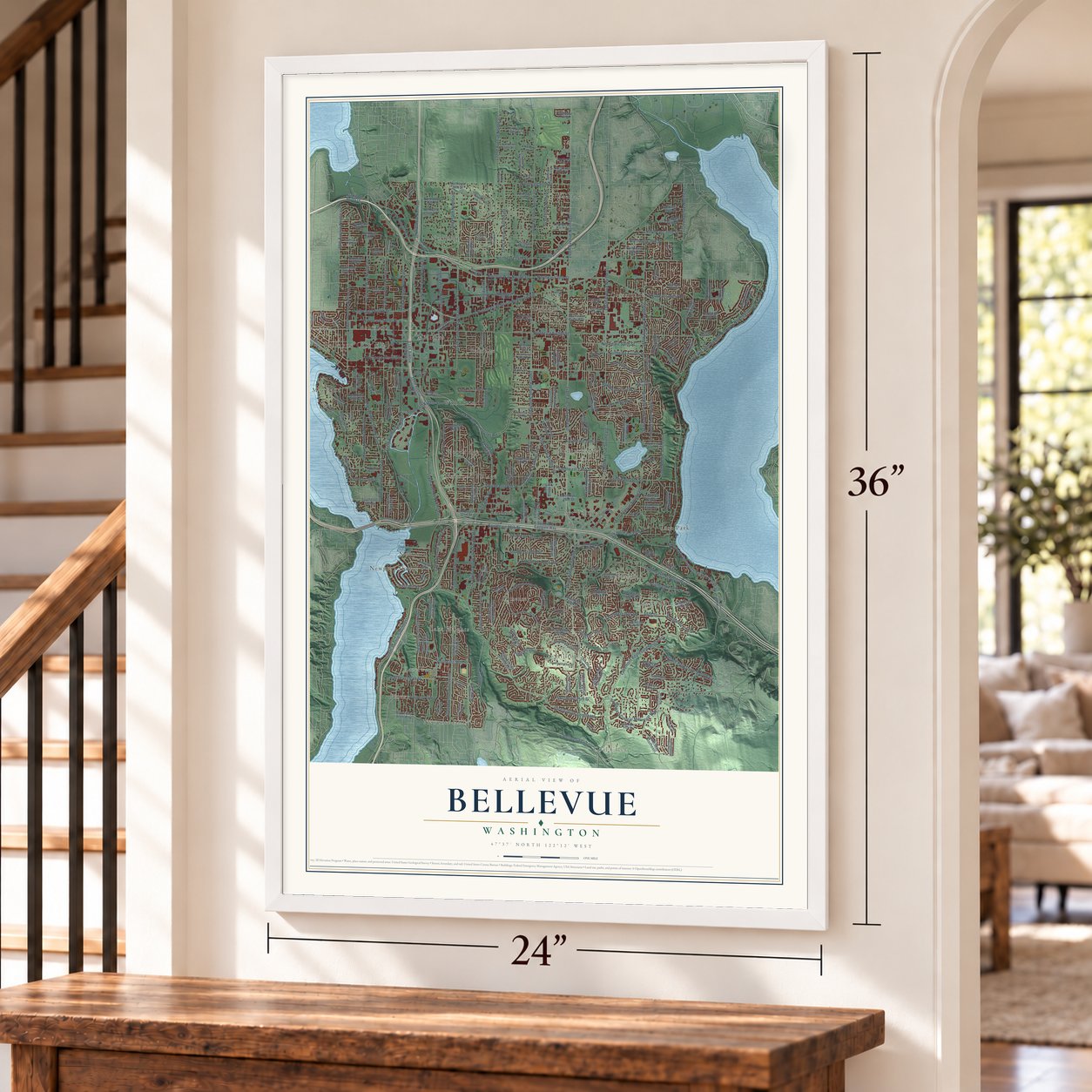 Bellevue, Washington map, 24 x 36 inch print in a white frame by a staircase