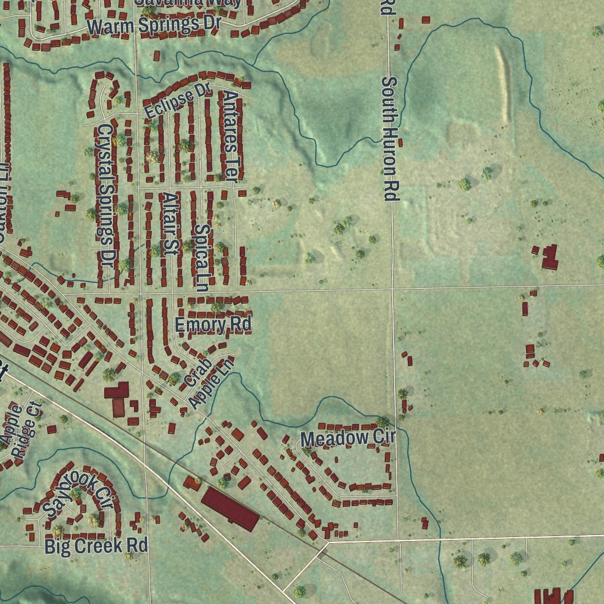 Second close-up of the map of Bellevue, Wisconsin print showing more streets and buildings