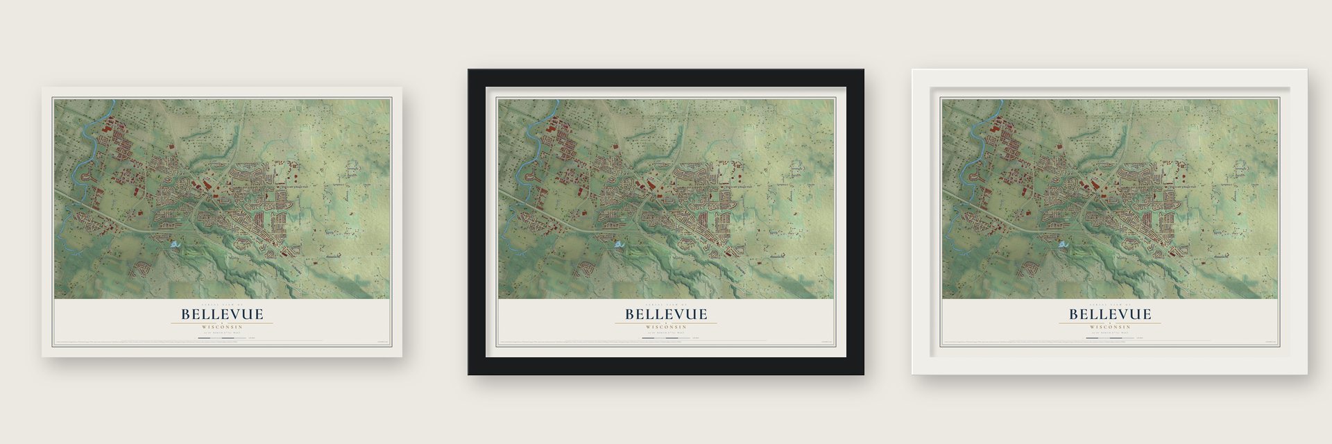 Bellevue, Wisconsin map unframed, in a black wood frame and in a white wood frame