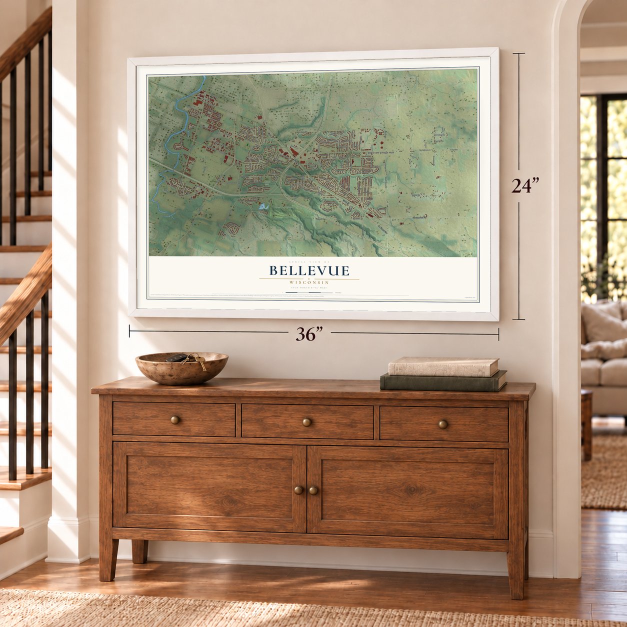 Bellevue, Wisconsin map, 24 x 36 inch print in a white frame above a dresser by a staircase