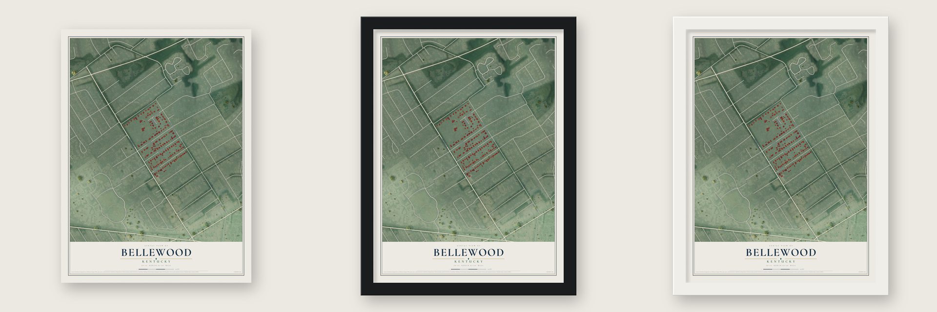 Bellewood, Kentucky map unframed, in a black wood frame and in a white wood frame